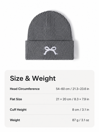 Multicolor bow Embroidered Cuffed Knit Beanie size and weight guide with metric and imperial measurements