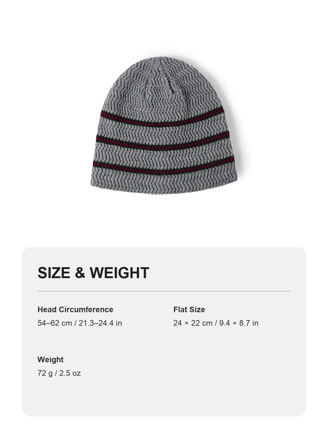 Navy contrast stripe fleece-lined knit beanie size and weight guide with metric and imperial measurements