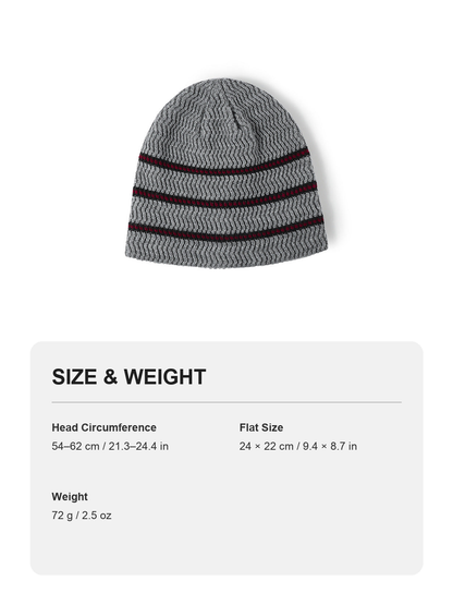 Navy contrast stripe fleece-lined knit beanie size and weight guide with metric and imperial measurements