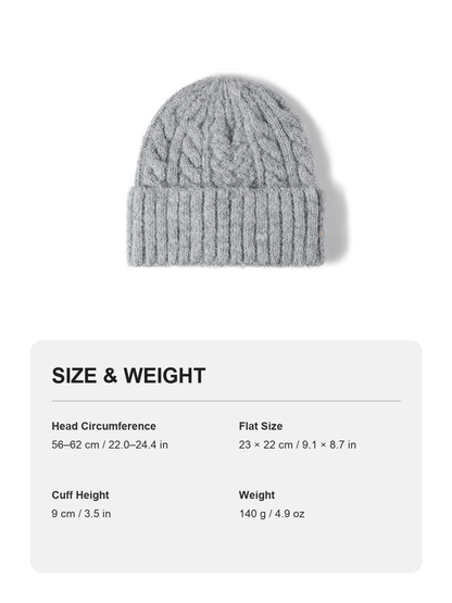 White cable-knit wool-blend cuffed beanie size and weight guide with metric and imperial measurements