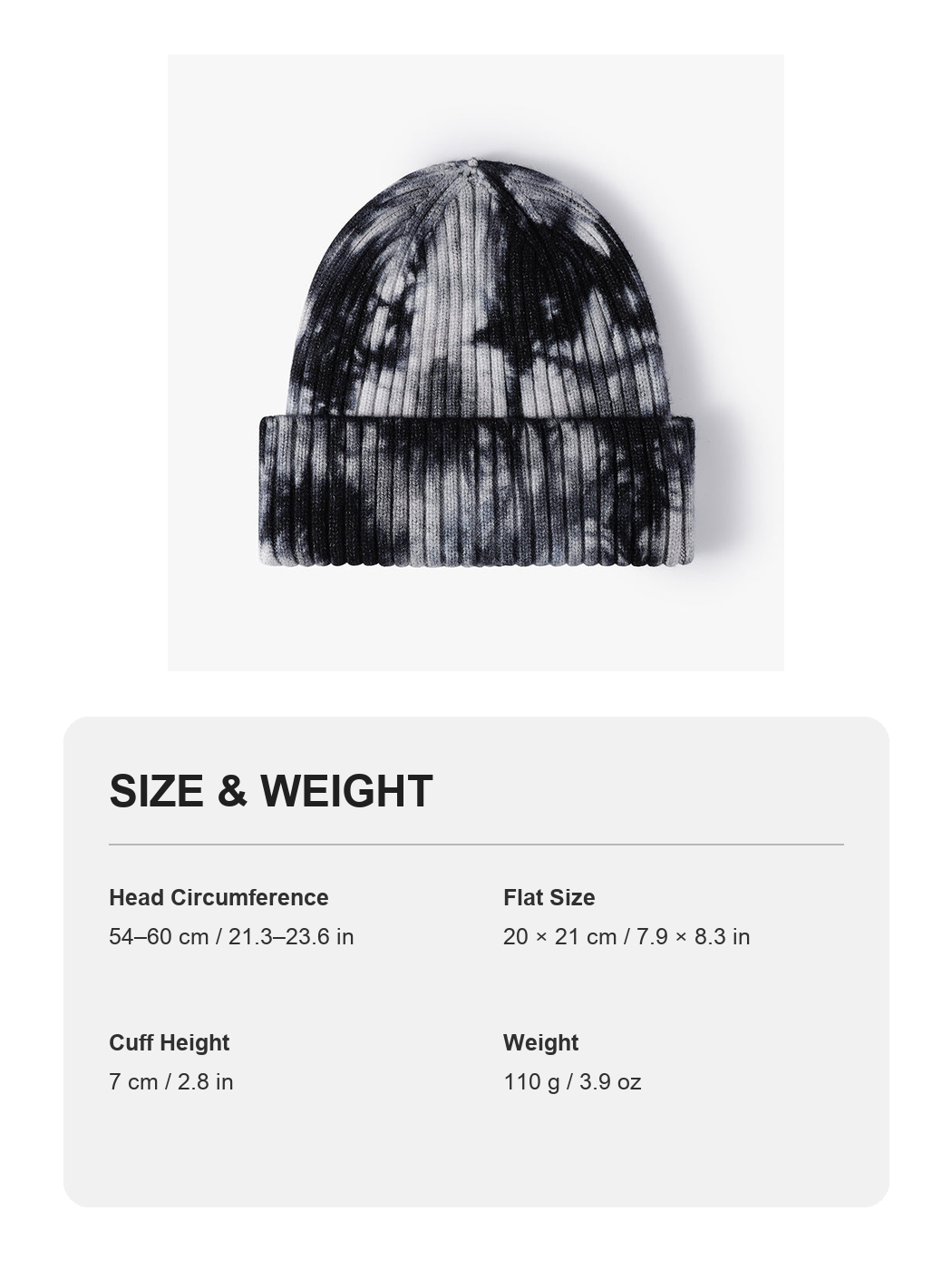 Black tie-dye ribbed cuffed knit beanie size and weight guide with metric and imperial measurements