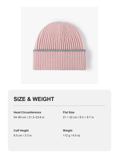 Pink fine rib contrast stripe cuffed knit beanie size and weight guide with metric and imperial measurements