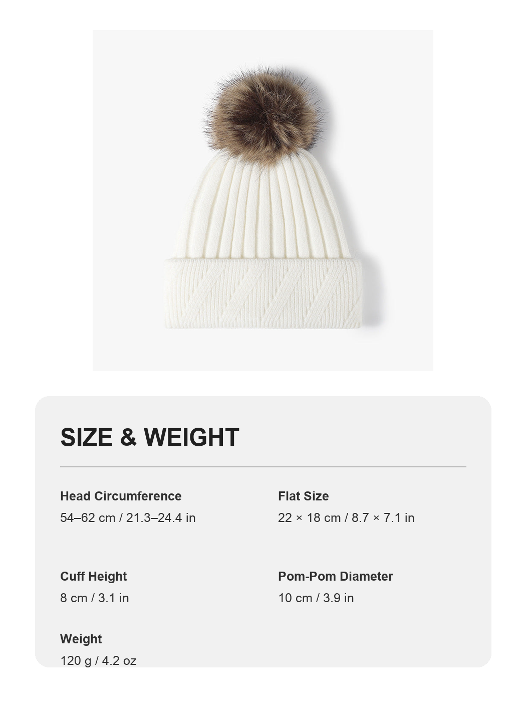 White faux fur-lined pom-pom textured knit beanie size and weight guide with metric and imperial measurements