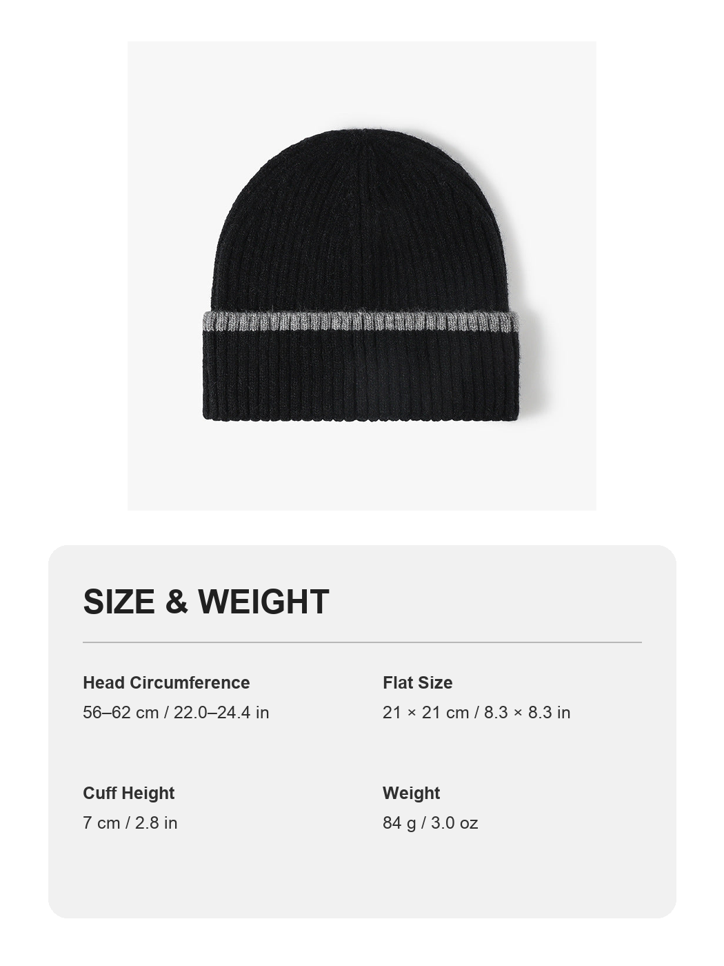 Black contrast stripe ribbed cuffed knit beanie size and weight guide with metric and imperial measurements