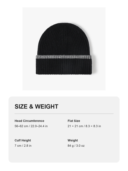 Black contrast stripe ribbed cuffed knit beanie size and weight guide with metric and imperial measurements