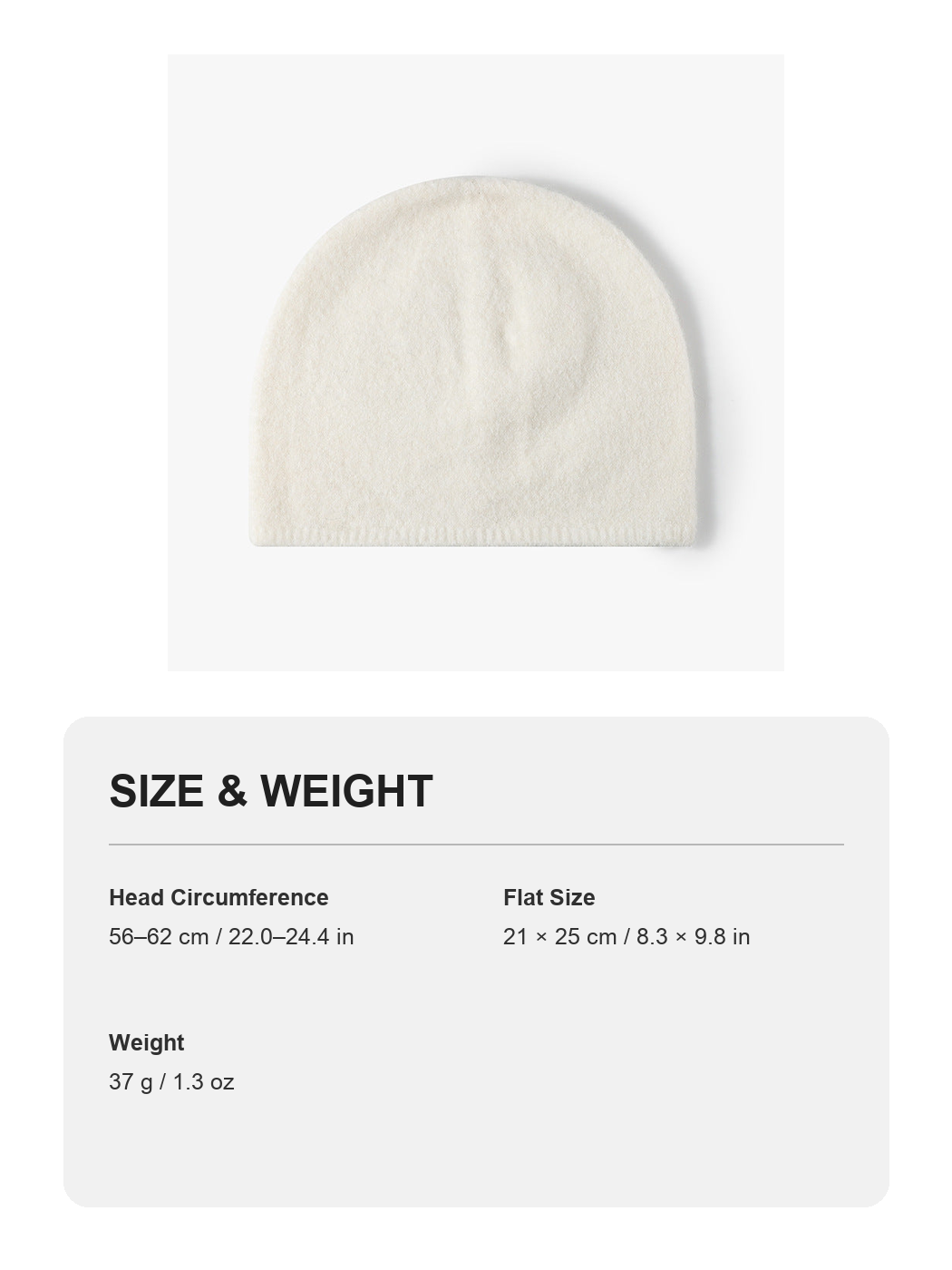 White brushed wool brimless knit beanie size and weight guide with metric and imperial measurements