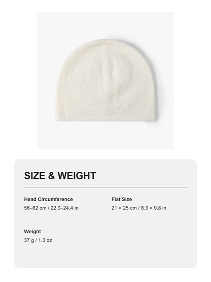 White brushed wool brimless knit beanie size and weight guide with metric and imperial measurements