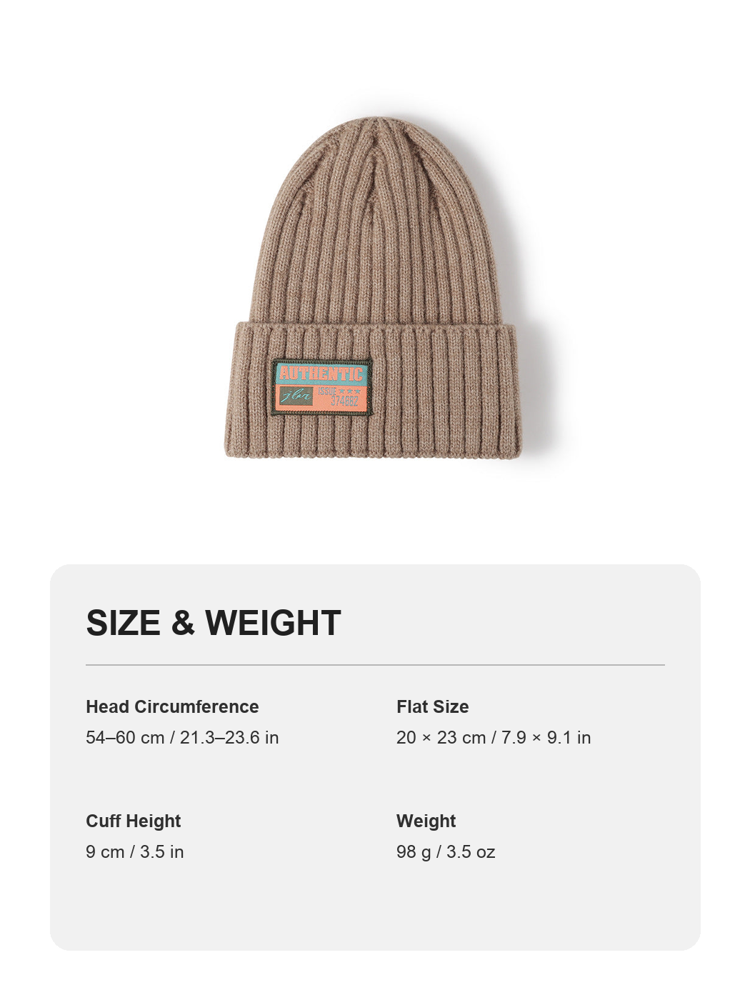 Multicolor product size and weight guide