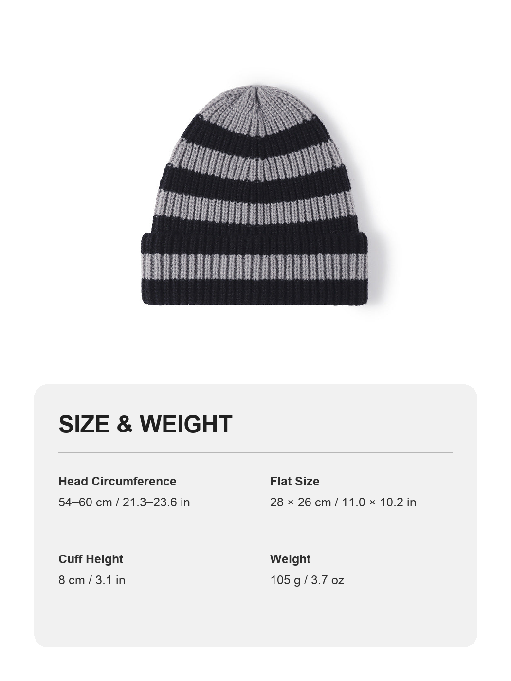 White wide-stripe cuffed knit beanie size and weight guide with metric and imperial measurements
