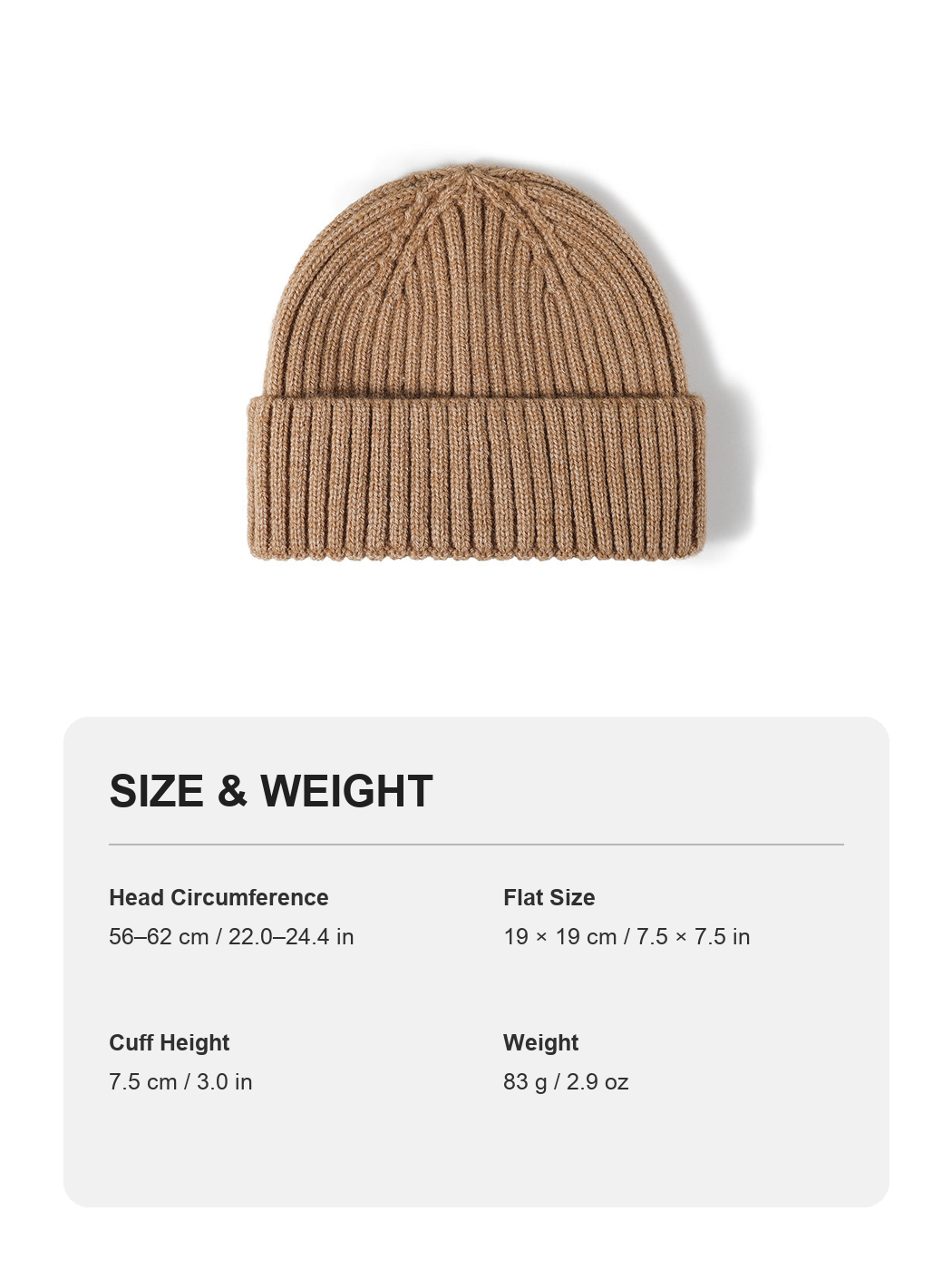 Black solid ribbed cuffed knit beanie size and weight guide with metric and imperial measurements