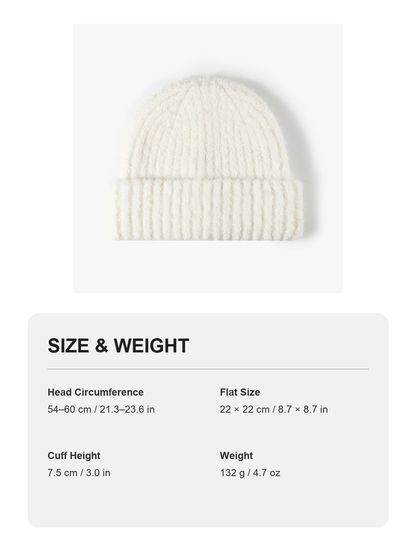 White heathered wool ribbed cuffed knit beanie size and weight guide with metric and imperial measurements
