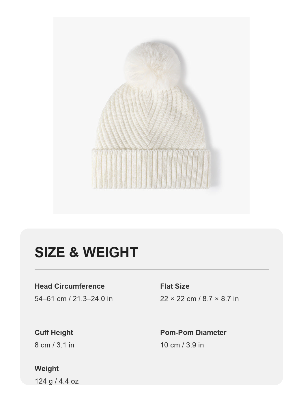 White pom-pom faux fur-lined cuffed knit beanie size and weight guide with metric and imperial measurements