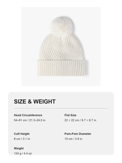 White pom-pom faux fur-lined cuffed knit beanie size and weight guide with metric and imperial measurements