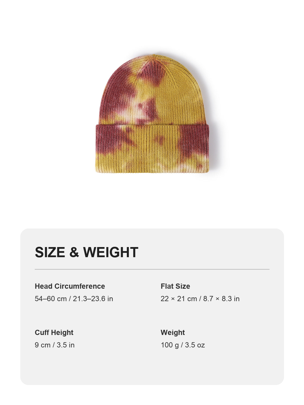 Multicolor product size and weight guide