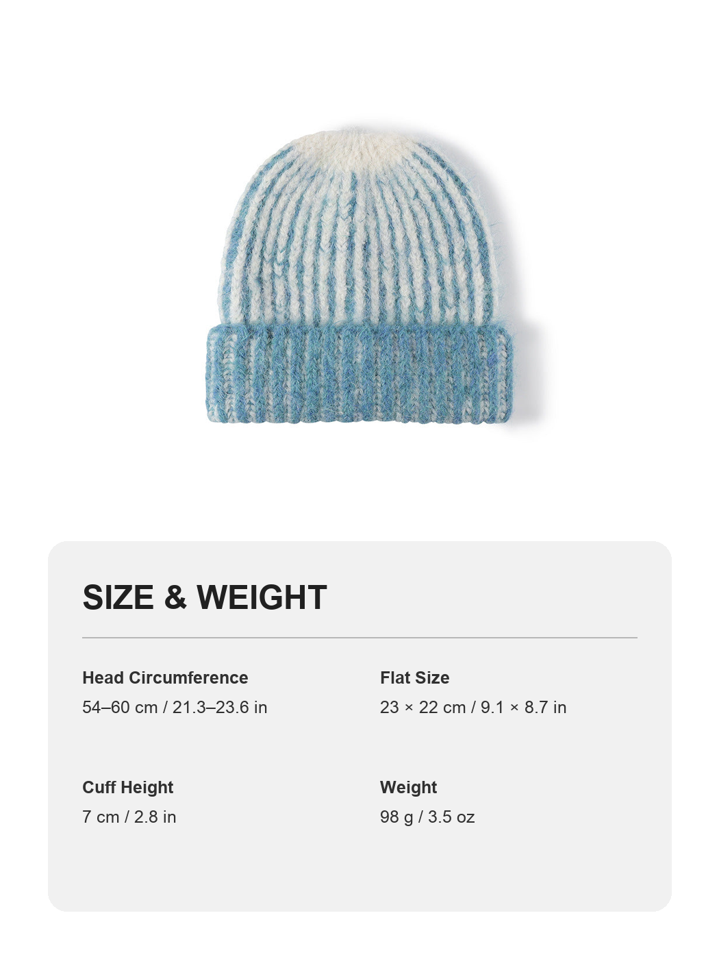 Light Blue two-tone ribbed cuffed beanie size and weight guide with metric and imperial measurements