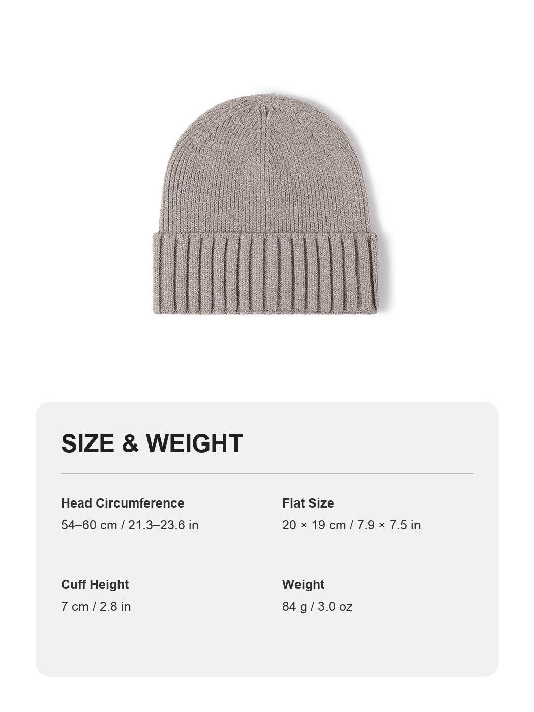 Navy classic solid ribbed cuffed beanie size and weight guide with metric and imperial measurements