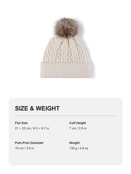 Multicolor cable-knit fleece-lined pom-pom beanie size and weight guide with metric and imperial measurements