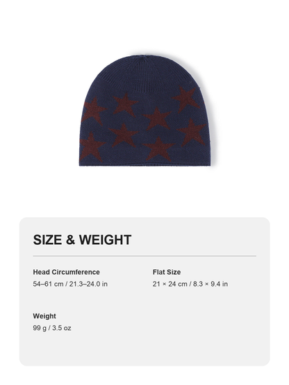 Black star jacquard fleece-lined knit beanie size and weight guide with metric and imperial measurements