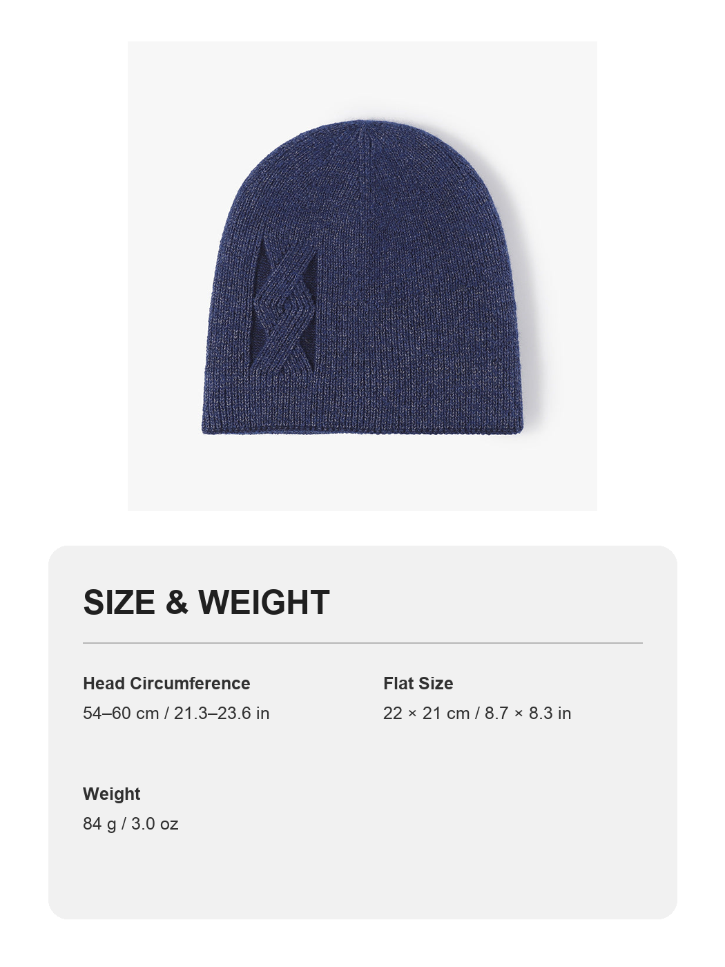 Navy tonal geometric faux fur-lined knit beanie size and weight guide with metric and imperial measurements