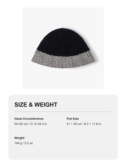 Black herringbone cuff textured knit beanie size and weight guide with metric and imperial measurements