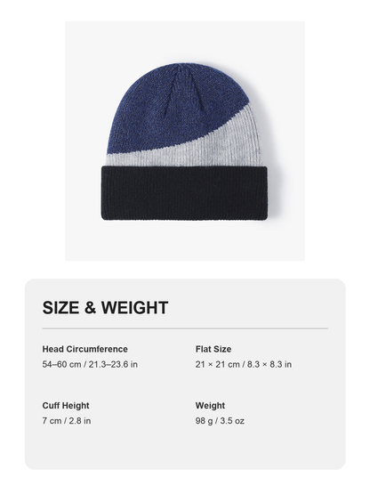 Navy colorblock faux fur-lined cuffed knit beanie size and weight guide with metric and imperial measurements