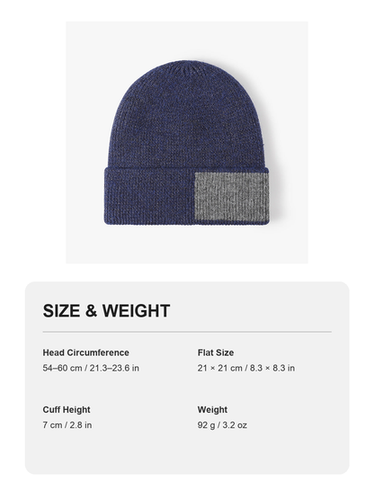 Navy faux fur-lined contrast patch knit beanie size and weight guide with metric and imperial measurements