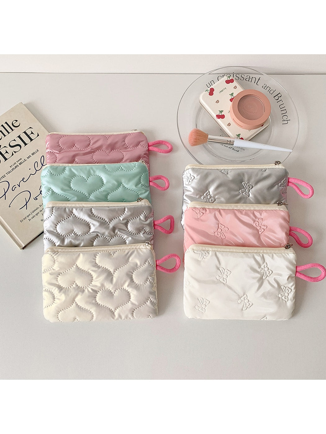 Cosbai - Quilted Heart Pattern Zip Pouch Bag