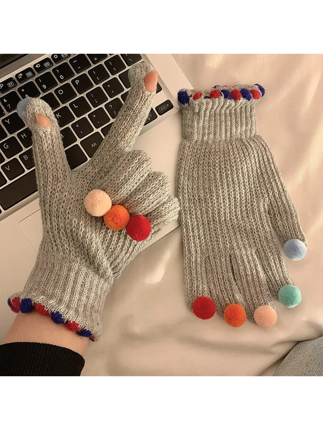 Gloving - Multicolor Pom-Pom Ribbed Gloves