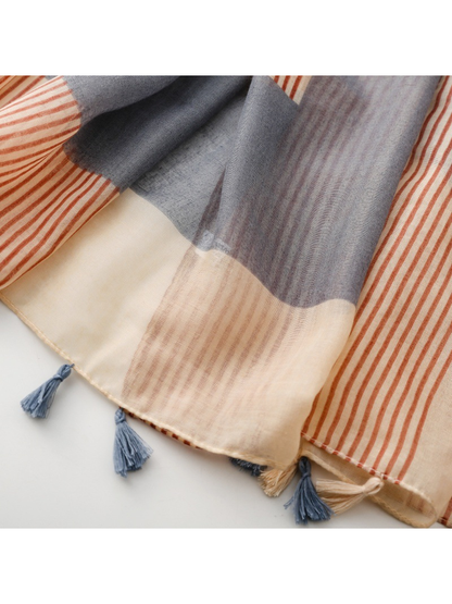 Mocha blue geometric scarf tassel detail
