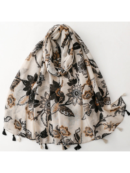 Ivory black botanical tassel scarf full product view