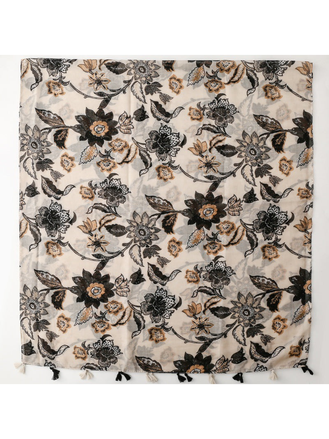Ivory black botanical tassel scarf pattern overview