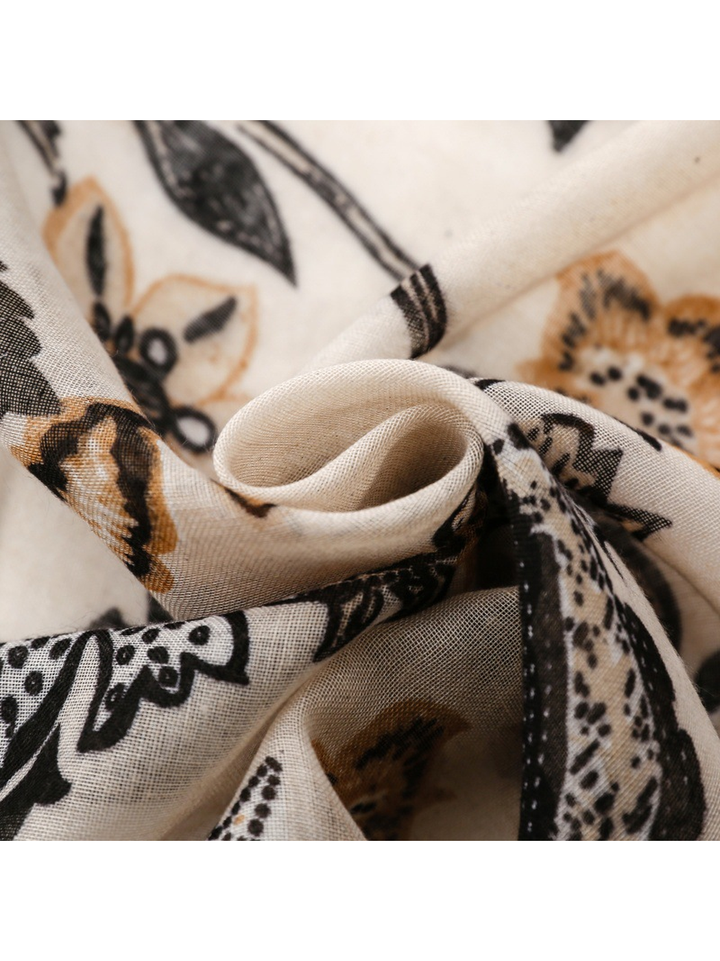 Ivory black botanical scarf fabric swirl detail
