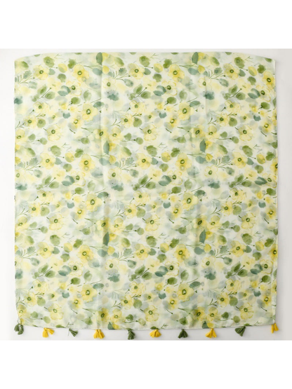 Mint watercolor floral tassel scarf full product and pattern view