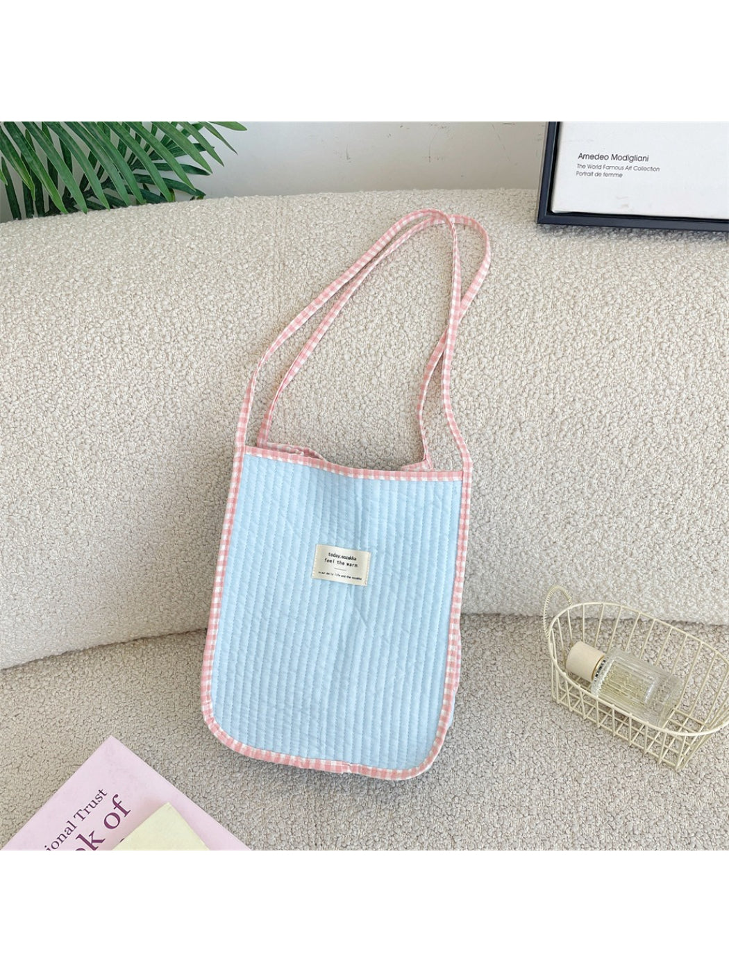 Cosbai Soft Gingham Trim Tote Bag held by a model showing size and scale