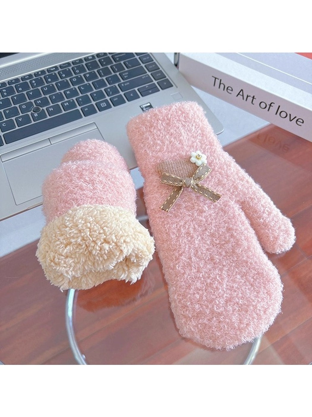 Gloving - Bow Accent Fuzzy Knit Winter Mittens
