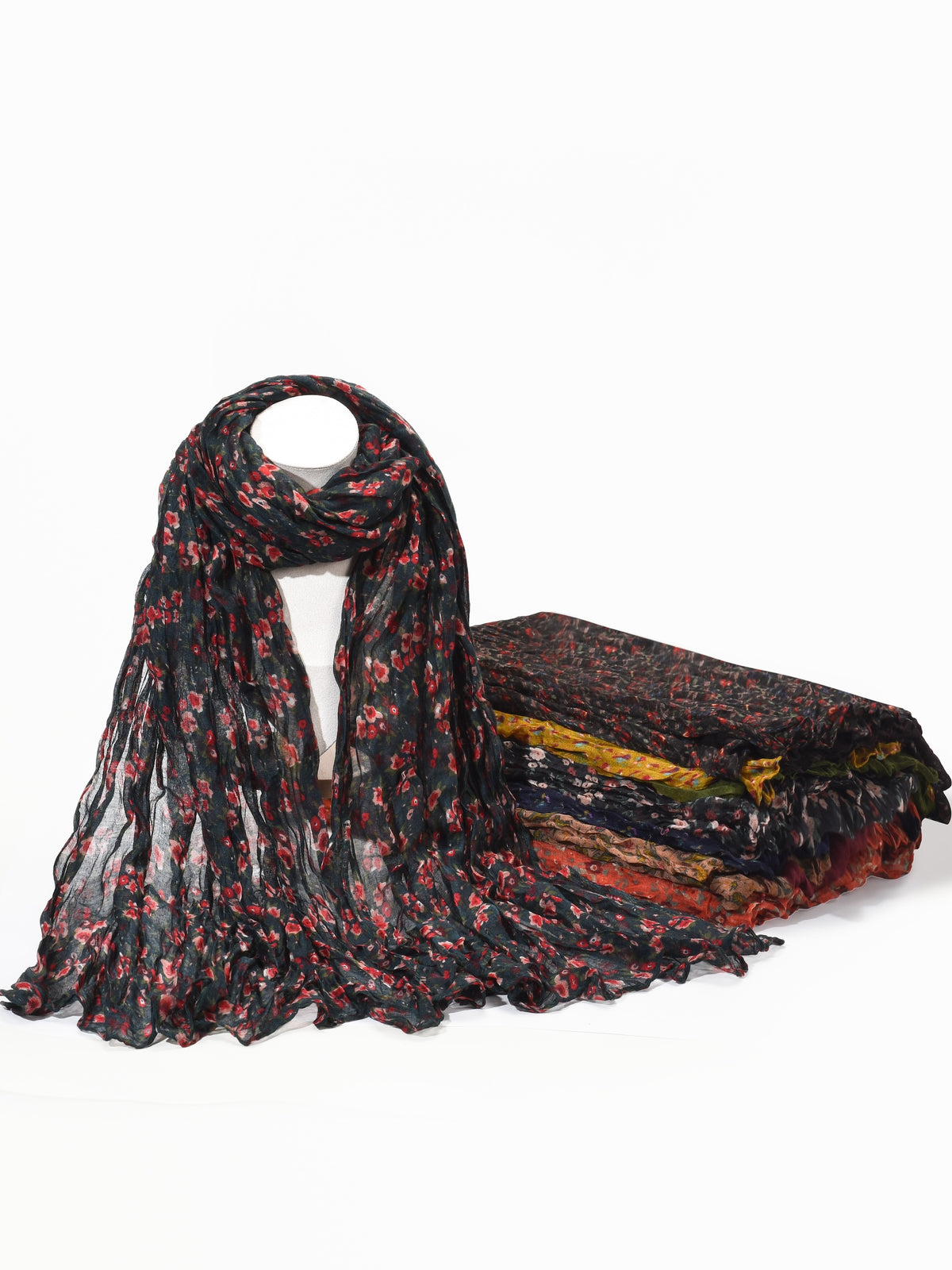 Scarvii - Vintage Floral Pattern Lightweight Ruched Scarf