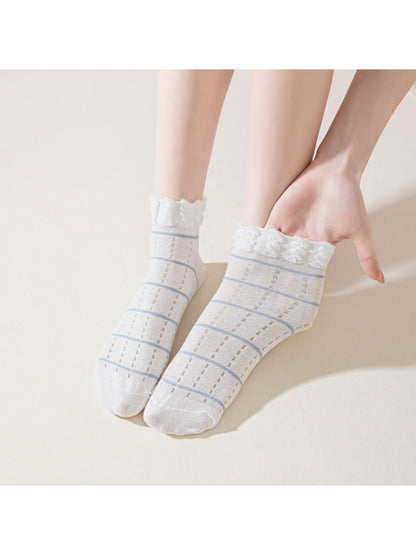 Rufia striped ankle socks displayed flat highlighting frill trim detail