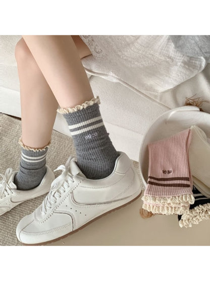 Rufia - Lace Trim Stripe Ribbed Crew Socks