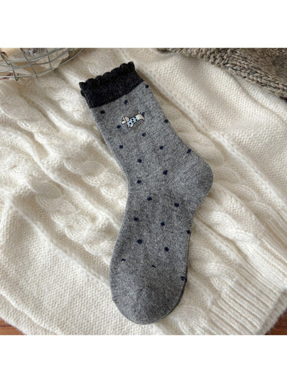 Rufia - Cute Puppy Embroidered Dot Crew Socks