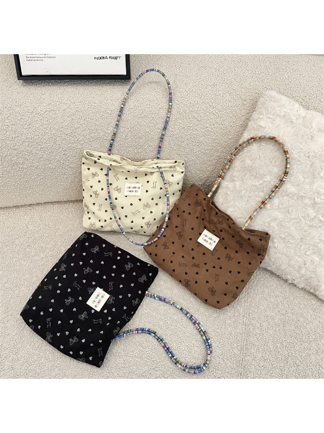 Cosbai - Beaded Strap Corduroy Tote