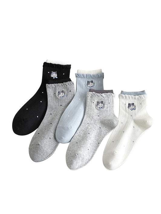 Rufia - Cute Cat Embroidery Polka Dot Ankle Socks