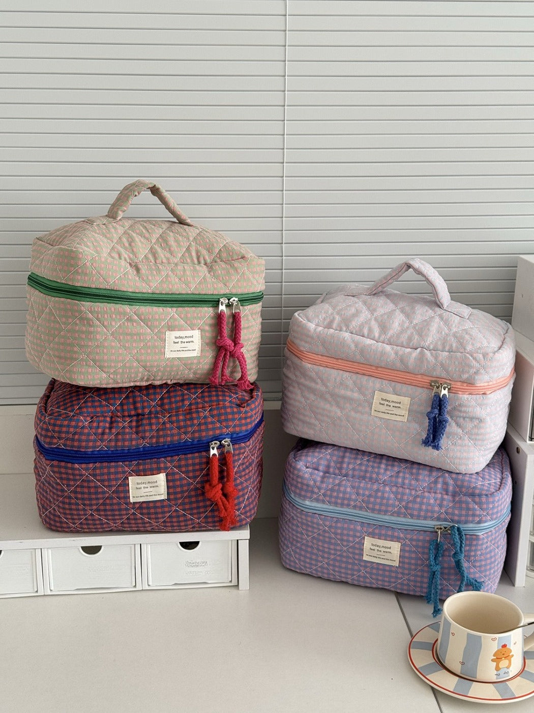 Cosbai Puffy Check Travel Makeup Bag with checkered pattern on white background