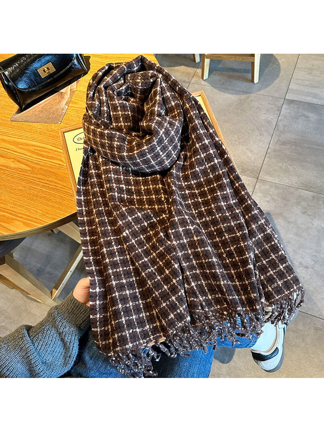 Scarvii - Textured Plaid Fringed Winter Scarf