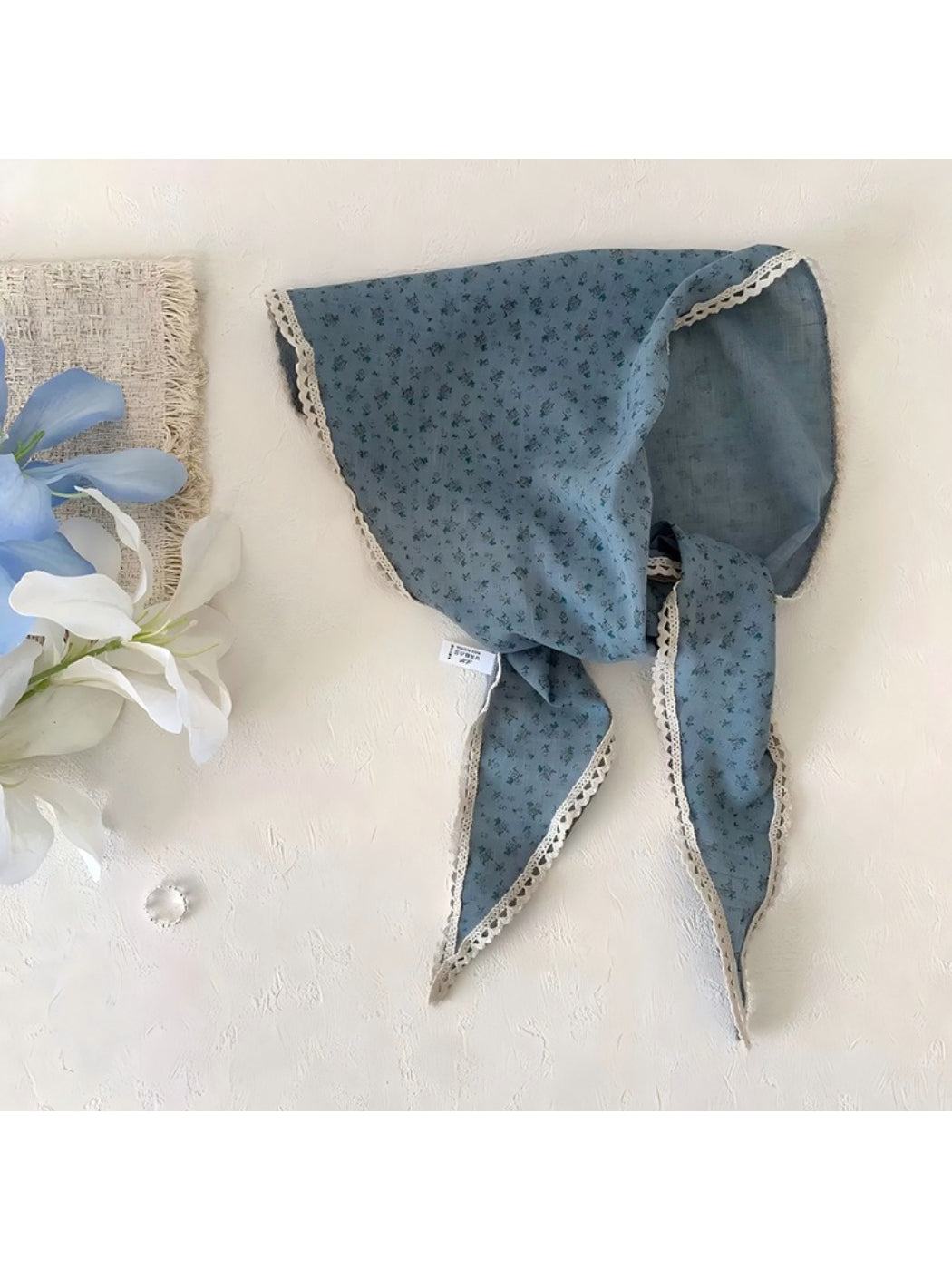 Scarvii ditsy floral lace tie headscarf displayed flat showing full design