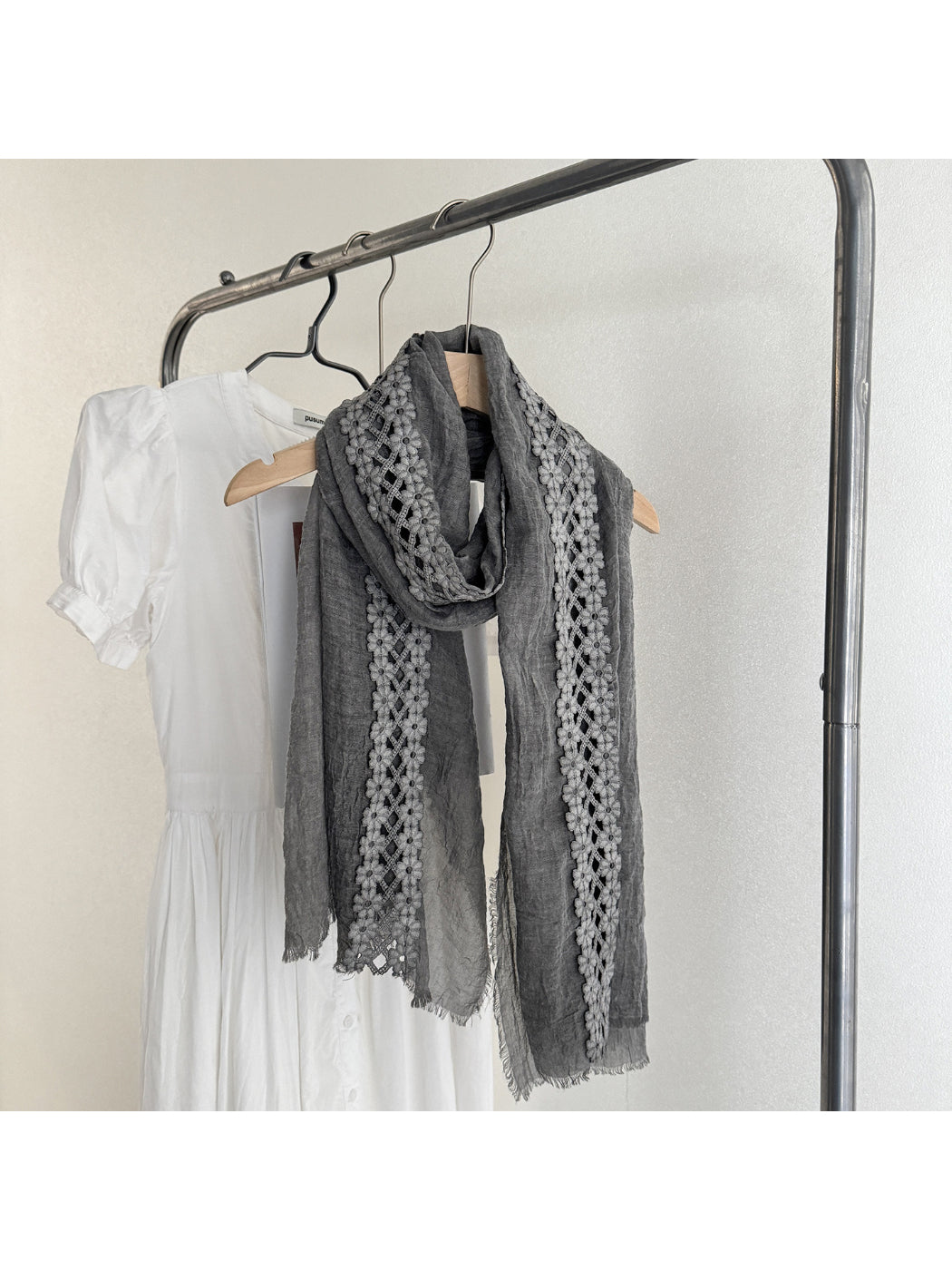 Scarvii - Lace Trim Crinkle Long Scarf