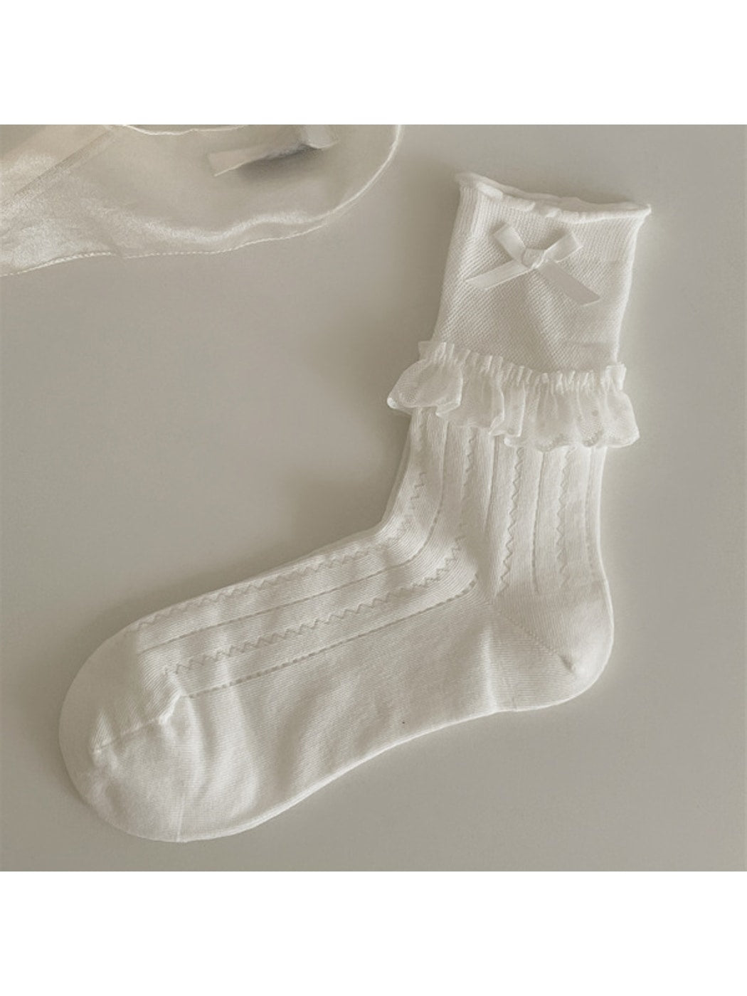Rufia - Ballet Style Lace Ribbon Bow Detail Crew Socks