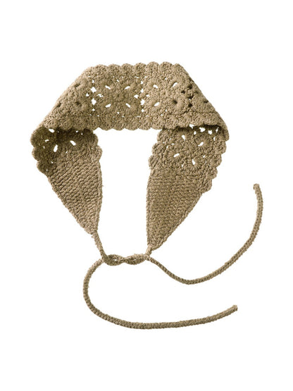 Scarvii crochet lace knit headband styled with casual hairstyle on model
