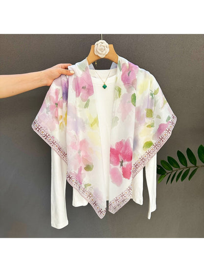 Scarvii - Soft Pink Floral Print Fashion Square Scarf