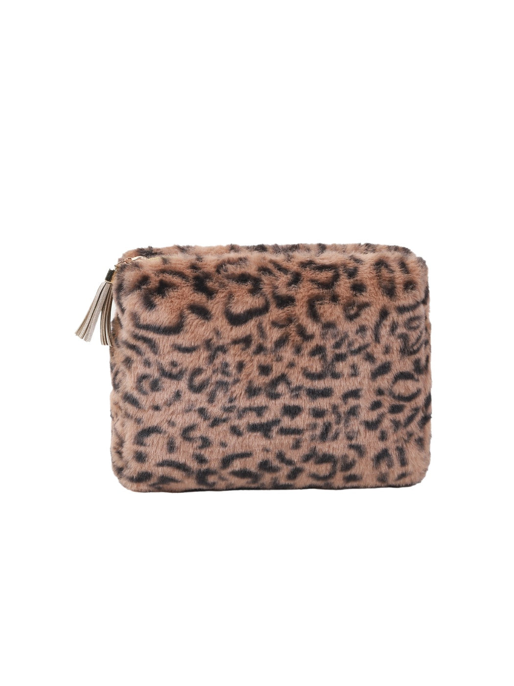 Cosbai leopard print faux fur makeup cosmetic pouch on white background