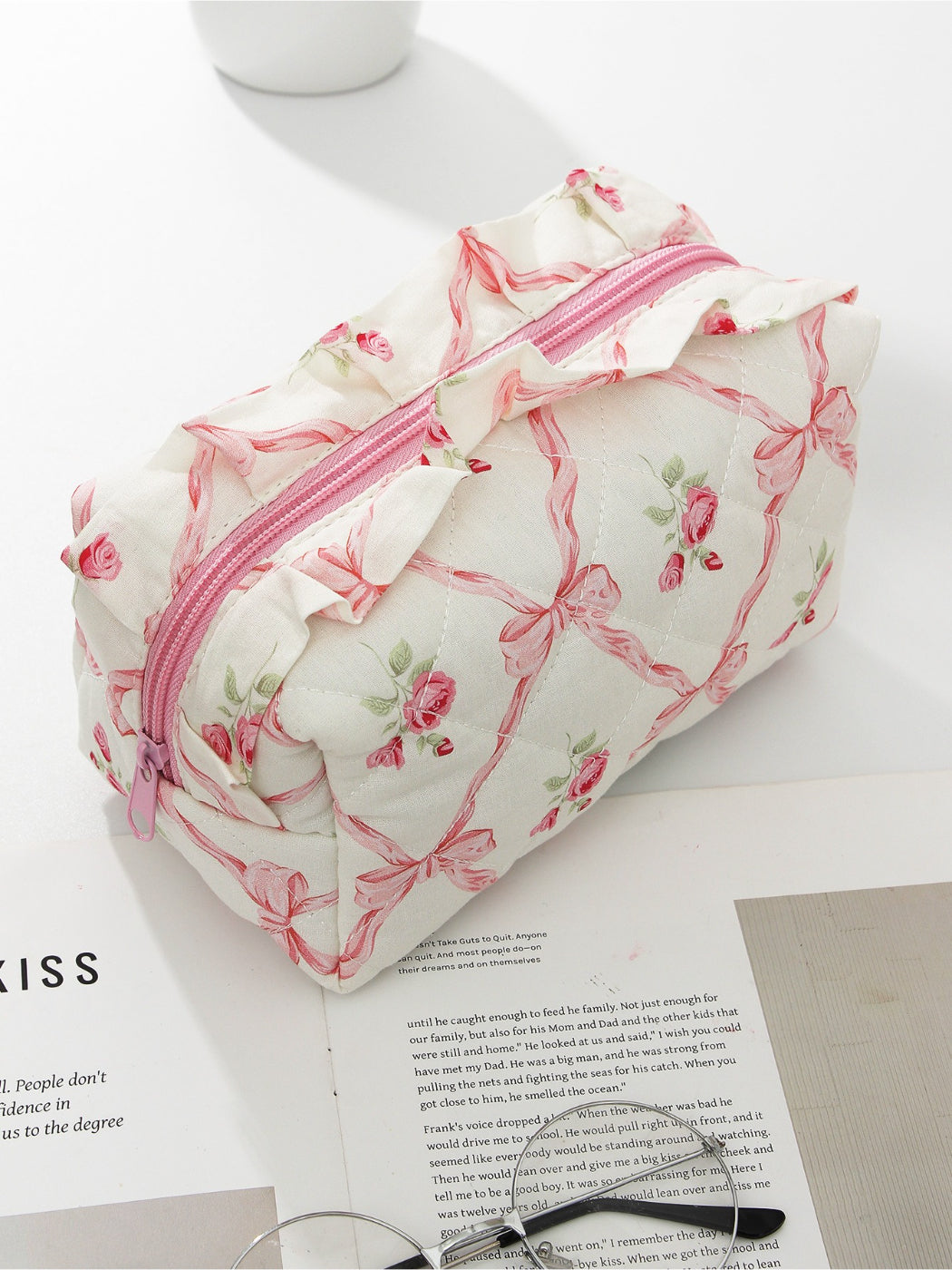Cosbai - Floral Quilted Makeup Bag with Lace Trim detail view 4